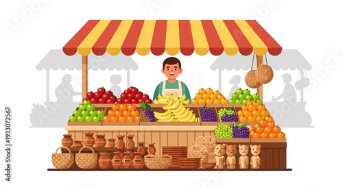 Smiling Fruit Seller at Traditional Marketplace Stall, Farmer Character with Fresh Organic Fruits and Wicker Baskets, Local Food Market Flat Vector Illustration