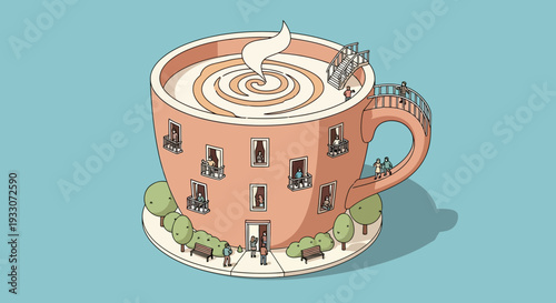 Surreal Coffee Cup Building Concept Illustration, Giant Latte Mug as Apartment House with People and Windows, Community and Morning Energy Metaphor Vector Art