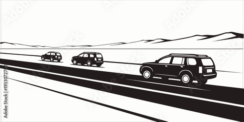 A group of cars driving on a highway with a bird flying overhead. Vector