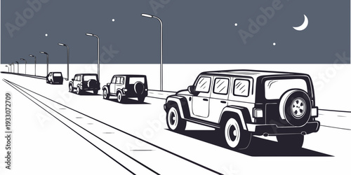 Vintage cars driving on a highway under a starry night sky with a crescent moon. Vector
