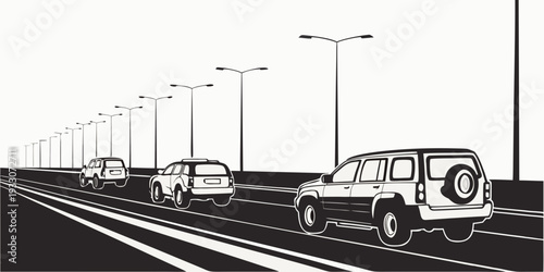 A line of emergency vehicles including a fire truck, ambulance, and police car on a highway. Vector