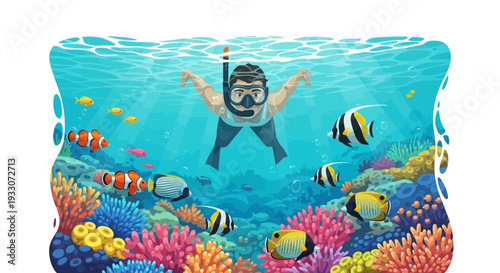 Man snorkeling in a vibrant coral reef surrounded by tropical sea fish and marine life
