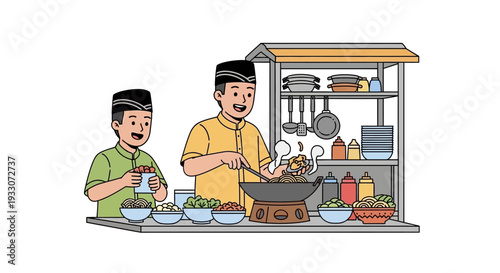 Indonesian Street Food Vendor Cooking Fried Rice in Traditional Food Stall Illustration