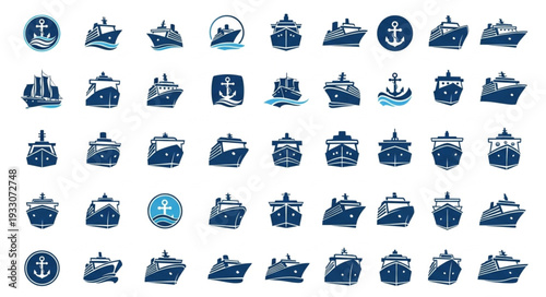 Collection of various blue ship illustrations, perfect for nautical themes and maritime designs.