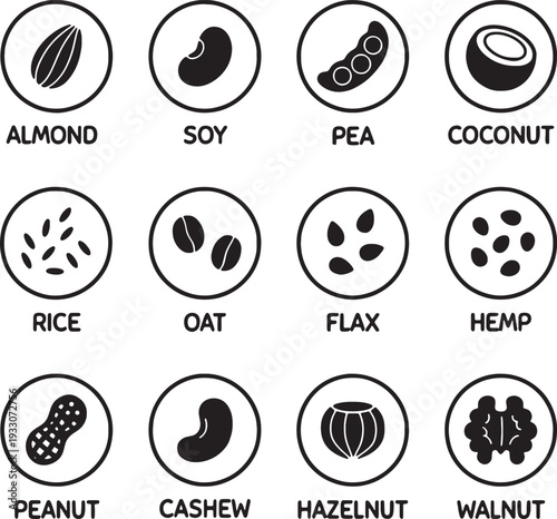 black and white icons of various types of nuts and seeds