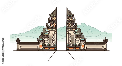 Traditional Balinese Split Gate Candi Bentar with Mountain Landscape Illustration