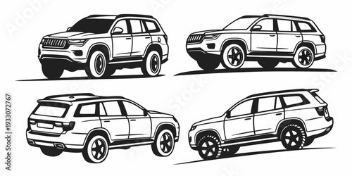 Four different types of cars shown in a simple black and white illustration Vector