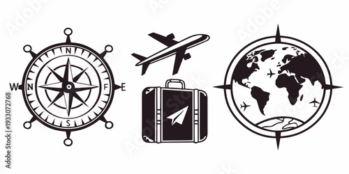 A collection of symbols representing navigation, travel, and global connectivity. Vector