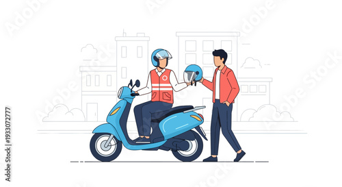Motorcycle Taxi Driver Giving Helmet to Passenger for City Transport Service Illustration