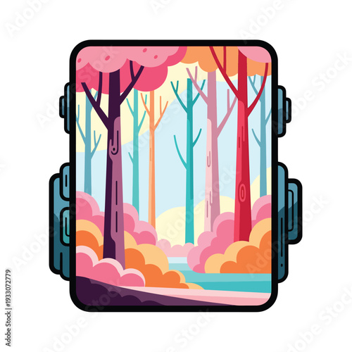 Illustration of a smartphone displaying a vibrant forest landscape with trees, foliage, and a serene atmosphere from a front viewpoint