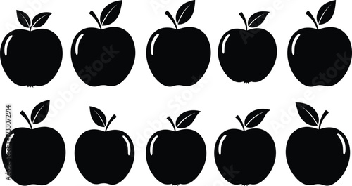 Black apple silhouettes illustration arranged in two rows of five, uniform glossy highlight design with stems and leaves, perfect for education, counting, pattern recognition