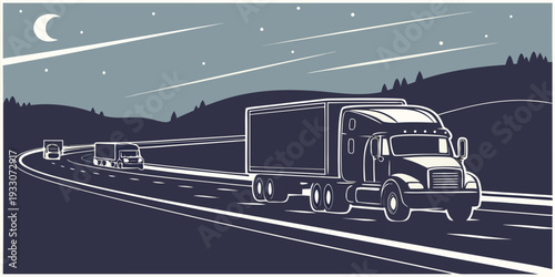 A vintage train travels through a picturesque countryside landscape under a starry night sky. Vector