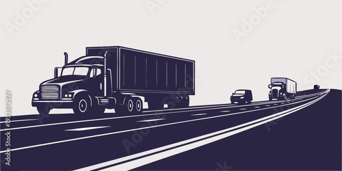 Large trucks and cars traveling on a multi-lane highway at night Vector