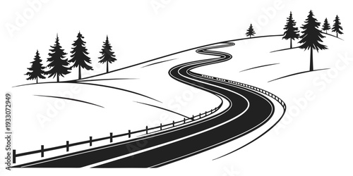 A winding road through a serene forest landscape with snow covered trees. Vector