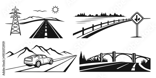 Illustrations showcasing various types of road signs and driving conditions Vector