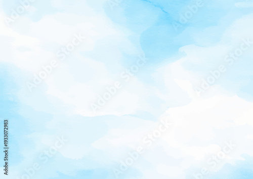 Soft watercolor blue sky with fluffy white clouds. Light pastel gradient creates a serene, airy atmosphere, perfect as abstract background, wallpaper or calming design backdrop.
