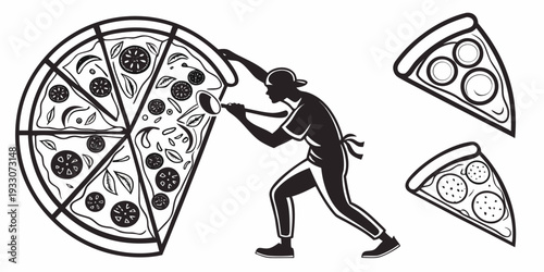 A man struggles to push a massive pizza while smaller pizzas chase him. Vector