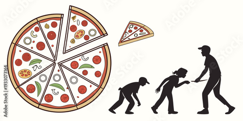 Ancient humans enjoying a modern pizza with a slice missing Vector