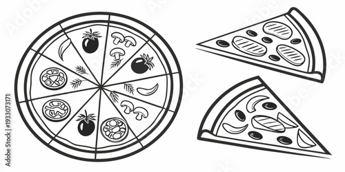 A delicious pizza and two slices of garlic bread on a wooden table Vector