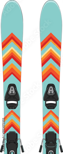 Colorful alpine skis with bindings featuring vibrant chevron pattern in red, orange, yellow, and turquoise design, modern winter sports equipment for skiing enthusiasts and adventure lifestyle