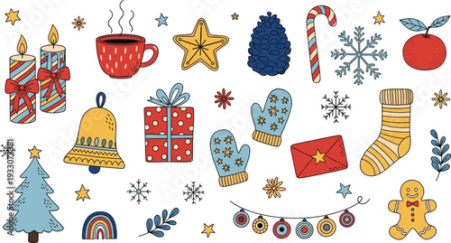 Christmas Doodles Collection Featuring Candies, Gifts, Mittens, Trees, and Holiday Decorations for Festive Designs