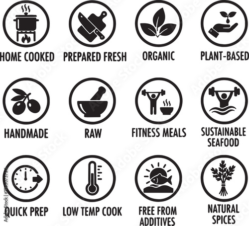Food label icons for healthy eating and cooking methods