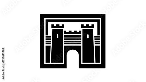 Black and white graphic of a castle gatehouse with towers and battlements