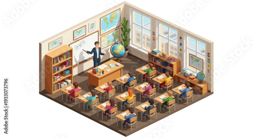 Teacher leading isometric classroom lesson with students at desks, whiteboard with math