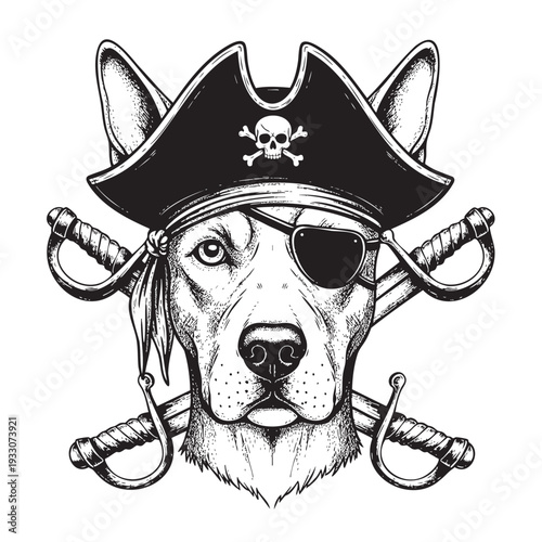 Cartoon dog wearing pirate hat and eye patch isolated on transparent background