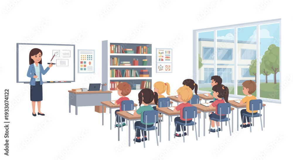 Fototapeta premium Teacher Instructing Students in a Bright Classroom with Large Windows