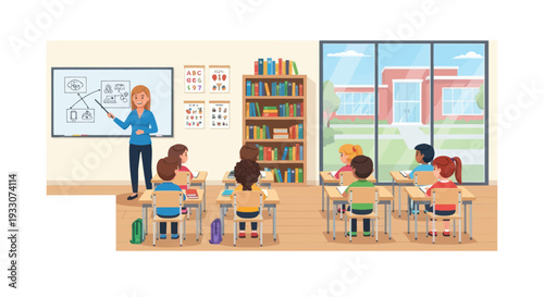 Cartoon classroom scene with teacher and students learning math at desks