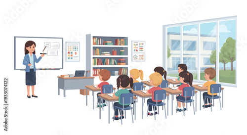 Teacher Instructing Students in a Bright Classroom with Large Windows