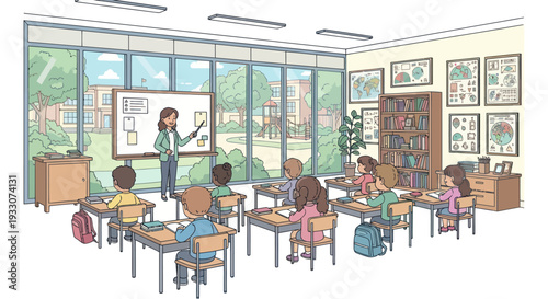 Children Learning in a Bright Modern Classroom with Teacher at Whiteboard