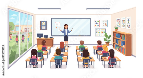 Diverse students learning in bright classroom with teacher at whiteboard