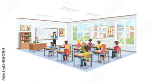 Children in classroom learning with teacher at whiteboard, school education concept