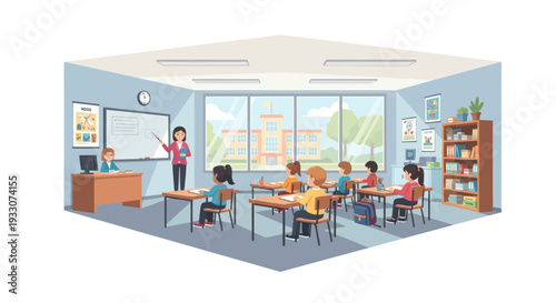 Classroom learning, teacher instructing students at desks with whiteboard and windows overlooking school building.