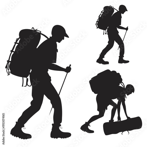 Hiking Silhouette Vector Illustration Featuring Mountain Climber, Backpacker, Trekking Adventure, Outdoor Explorer and Camping Scene Isolated on White Background