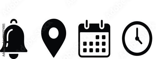Location, Time, Calendar and Notification Bell Icons Set – Flat Vector Pin, Date, Clock and Alert Symbols