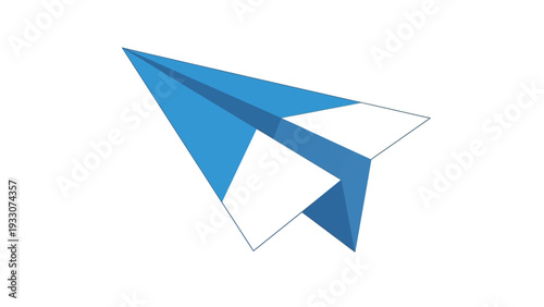Blue paper airplane flying against a white background, symbolizing communication and travel.