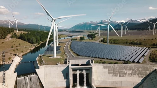 Wind turbines generate power at a hydroelectric dam surrounded by mountains and a serene landscape with a river flowing through it