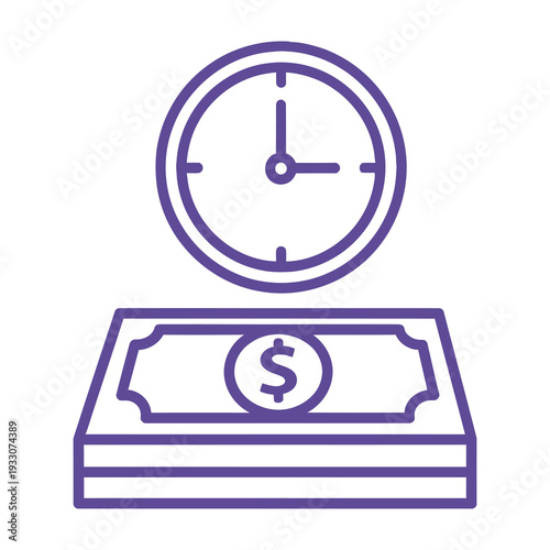 Purple clock icon balanced on stack of dollar bills symbolizing time and money management