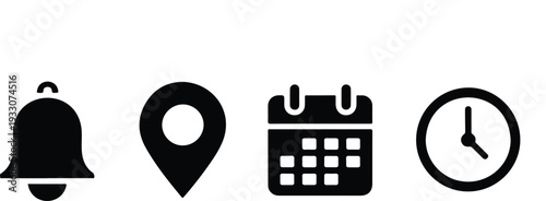 Location, Time, Calendar and Notification Bell Icons Set – Flat Vector Pin, Date, Clock and Alert Symbols