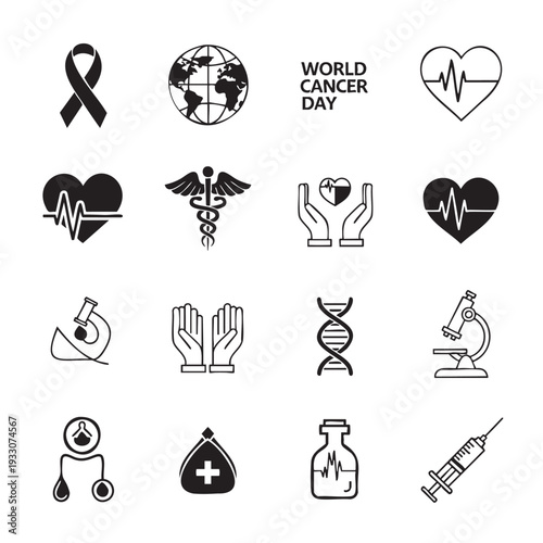 Collection of medical and health related icons for World Cancer Day awareness