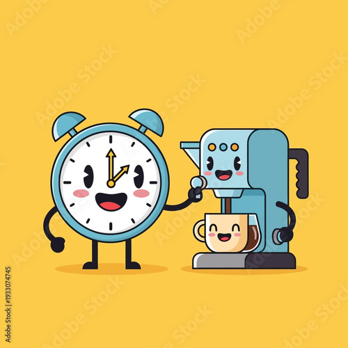 Cute alarm clock and coffee maker making coffee, morning routine, happy characters
