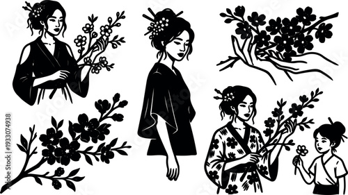 Line art silhouette women with cherry blossom branches kimono figures holding flowers japanese inspired vector composition elegant ornamental portrait set