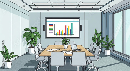 Modern conference room with a large screen displaying business data.