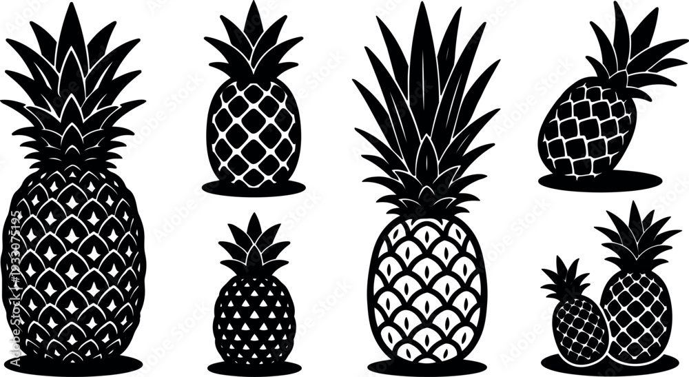 Fototapeta premium Flat vector silhouette compilation of multiple pineapple icons close up with varied scales and overhead oval shadows decorative tropical arrangement