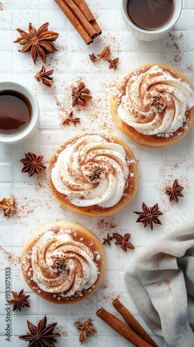 Three appetising desserts with cream and spices on a white background are ideal for culinary blogs, confectionery advertising or autumn café menus.