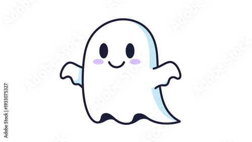 Cute cartoon ghost character with blush cheeks and waving arms, isolated on white background