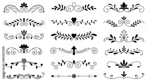 Collection of ornate black dividers and floral design elements on white background, elegant vintage decorative borders and intricate scrollwork flourishes, symmetrical ornamental accents